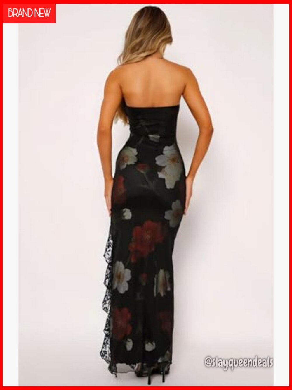 Strapless Tube Maxi Dress with High Split and Lace Trim Bodycon Fit - Picture 5 of 7